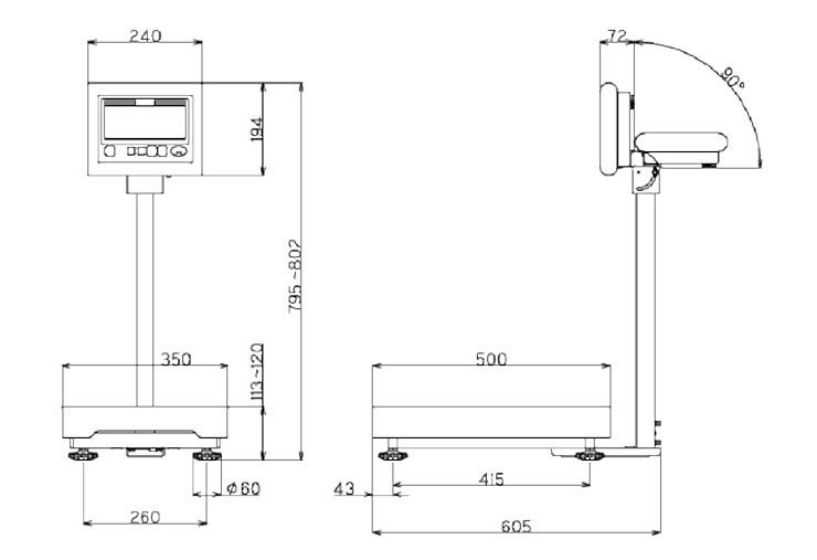 ヤマト 防水型デジタル台はかり DP-6701シリーズ【大和製衡】の寸法図