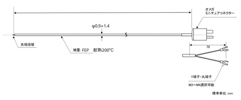 ローコスト先端溶接K熱電対 フッ素樹脂被覆 STK-CN20Fシリーズ 素線径0.2mm [Jセンサ]の図面