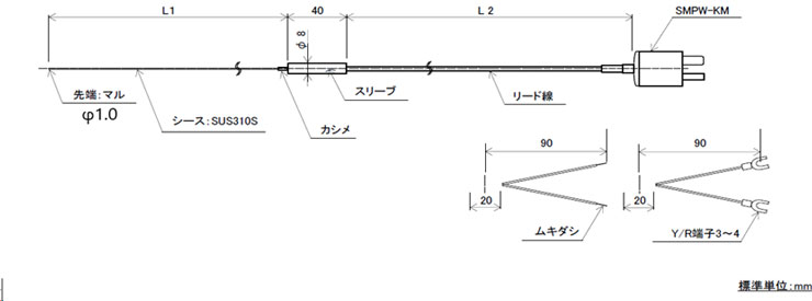 高温用シースK熱電対インコネルφ1.6ｍｍ （国産/ミニプラグ）