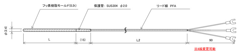 完全防水/耐薬品フッ素樹脂全モールド測温抵抗体 φ2.4の図面