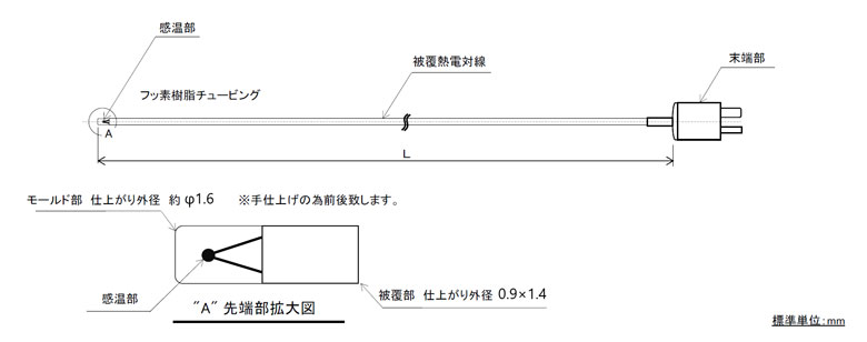 極細フッ素樹脂先端モールドT熱電対 φ0.2mm (防水/耐薬品)の図面