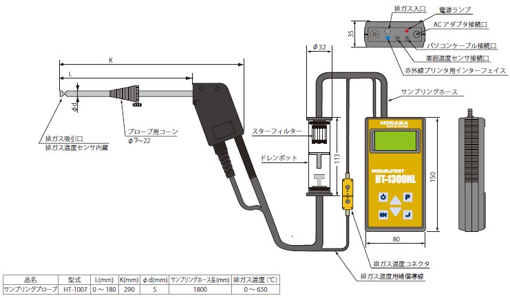 ホダカ(HODAKA)  燃焼排ガス分析計 HT-1300NL (新バージョン)の外形図