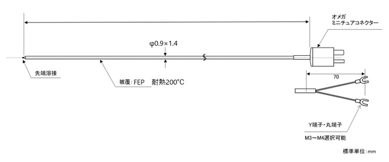 ローコスト先端溶接T熱電対 フッ素樹脂被覆 STT-CN20Fシリーズ 素線径0.2mm [Jセンサ]の図面