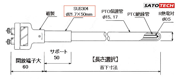 R熱電対 保護管径15mm 素線径0.5mmの図面