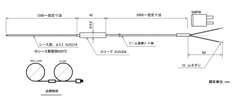 ロングシースK熱電対 直径2.3mmの図面